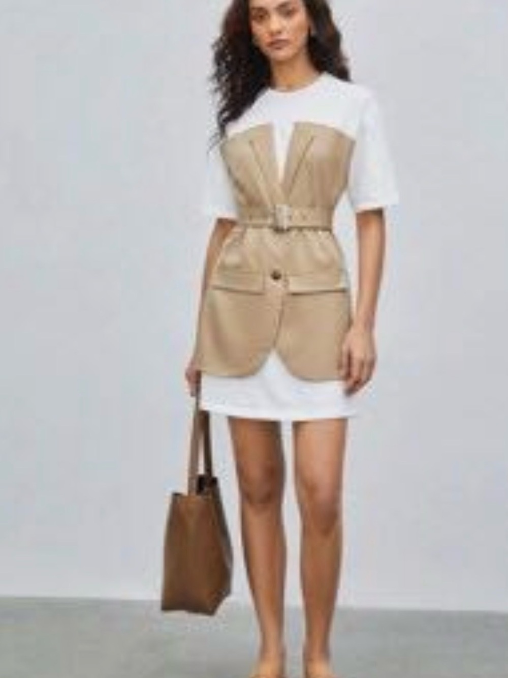 SHEIN White Tee Dress with Tan Belted Faux-Leather Vest